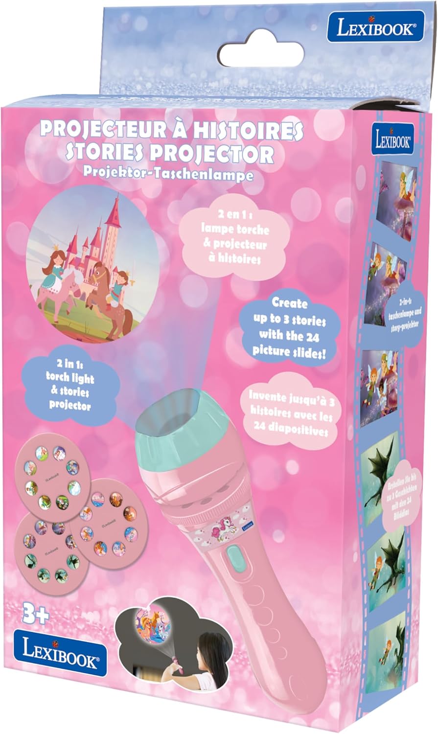 LEXIBOOK - Unicorn - Stories projector, torch light and projector with 3 discs, 24 images, create your own stories, LTC050UNI