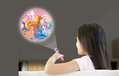 LEXIBOOK - Unicorn - Stories projector, torch light and projector with 3 discs, 24 images, create your own stories, LTC050UNI