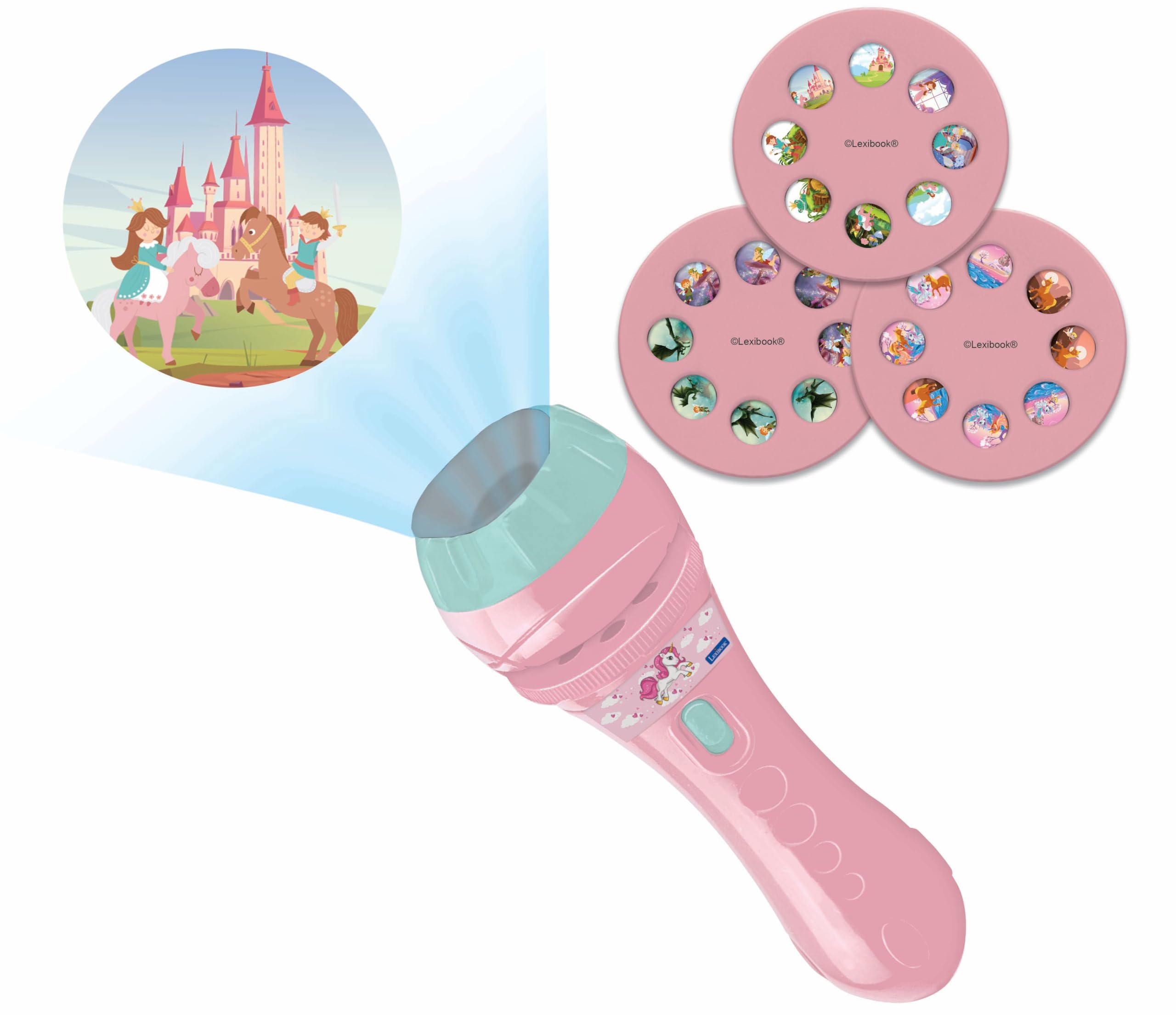 LEXIBOOK - Unicorn - Stories projector, torch light and projector with 3 discs, 24 images, create your own stories, LTC050UNI