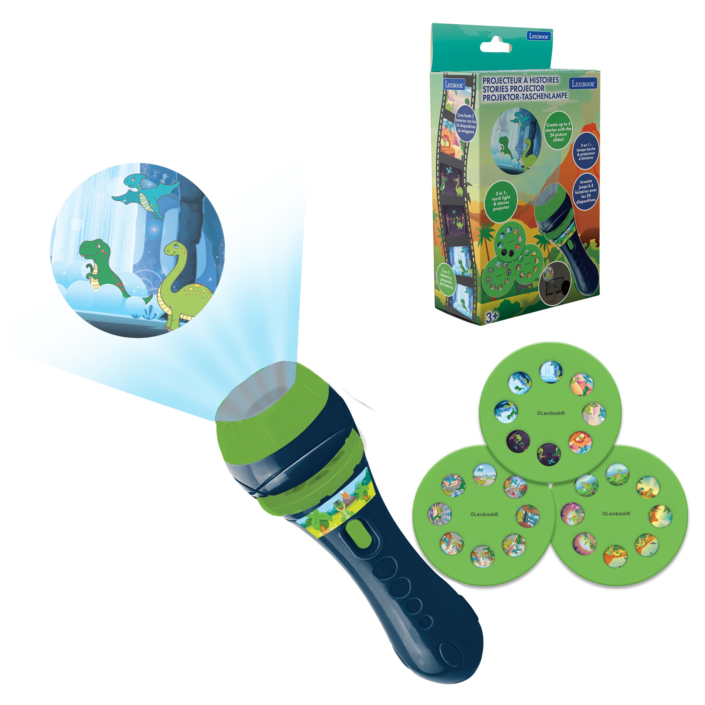 Lexibook LTC050DINO Dinosaur, Torch Light and Projector with 3 Discs, 24 Images, Create Your own Stories, Blue/Green, Moyen
