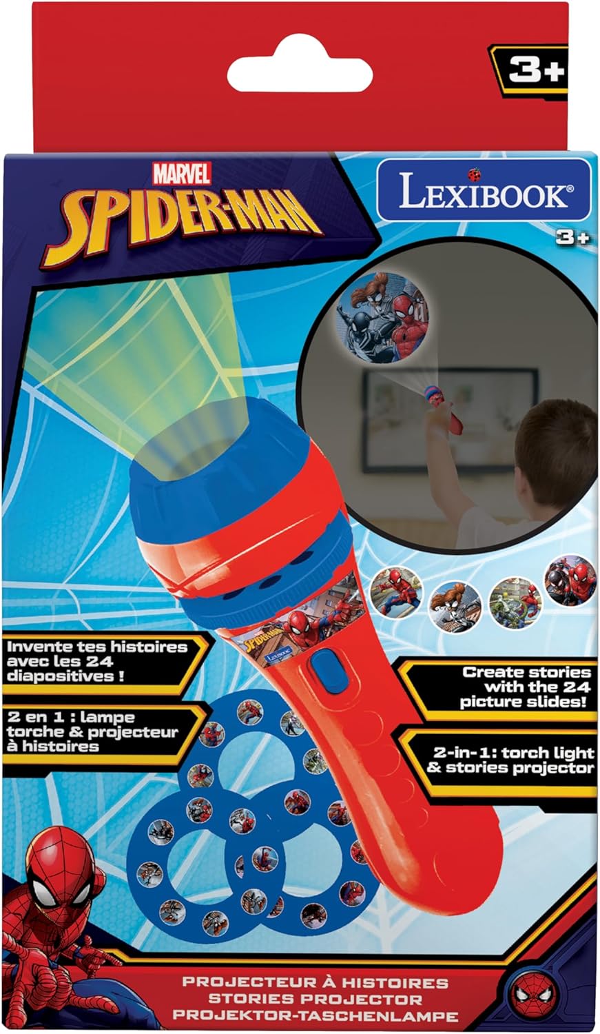 LEXIBOOK Stories projector, Spider-Man torch light and projector with 3 discs, 24 images, create your own stories, LTC050SP