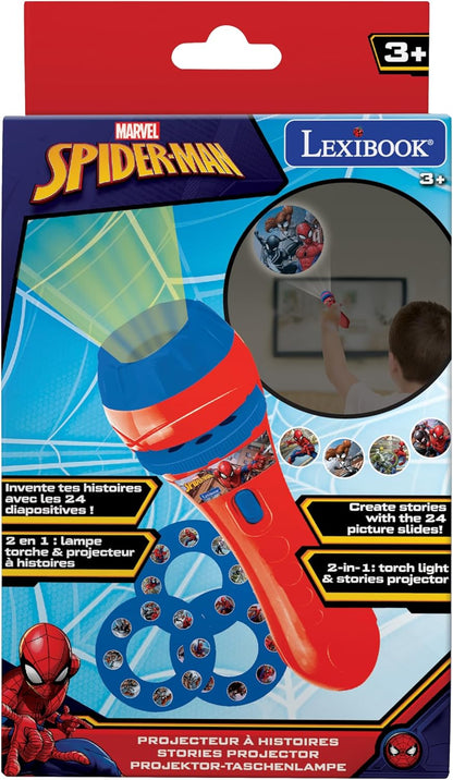 LEXIBOOK Stories projector, Spider-Man torch light and projector with 3 discs, 24 images, create your own stories, LTC050SP