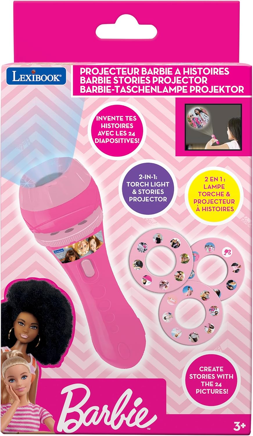 Lexibook LTC050BB Barbie, Torch Light and Projector with 3 Discs, 24 Images, Create Your own Stories, Pink
