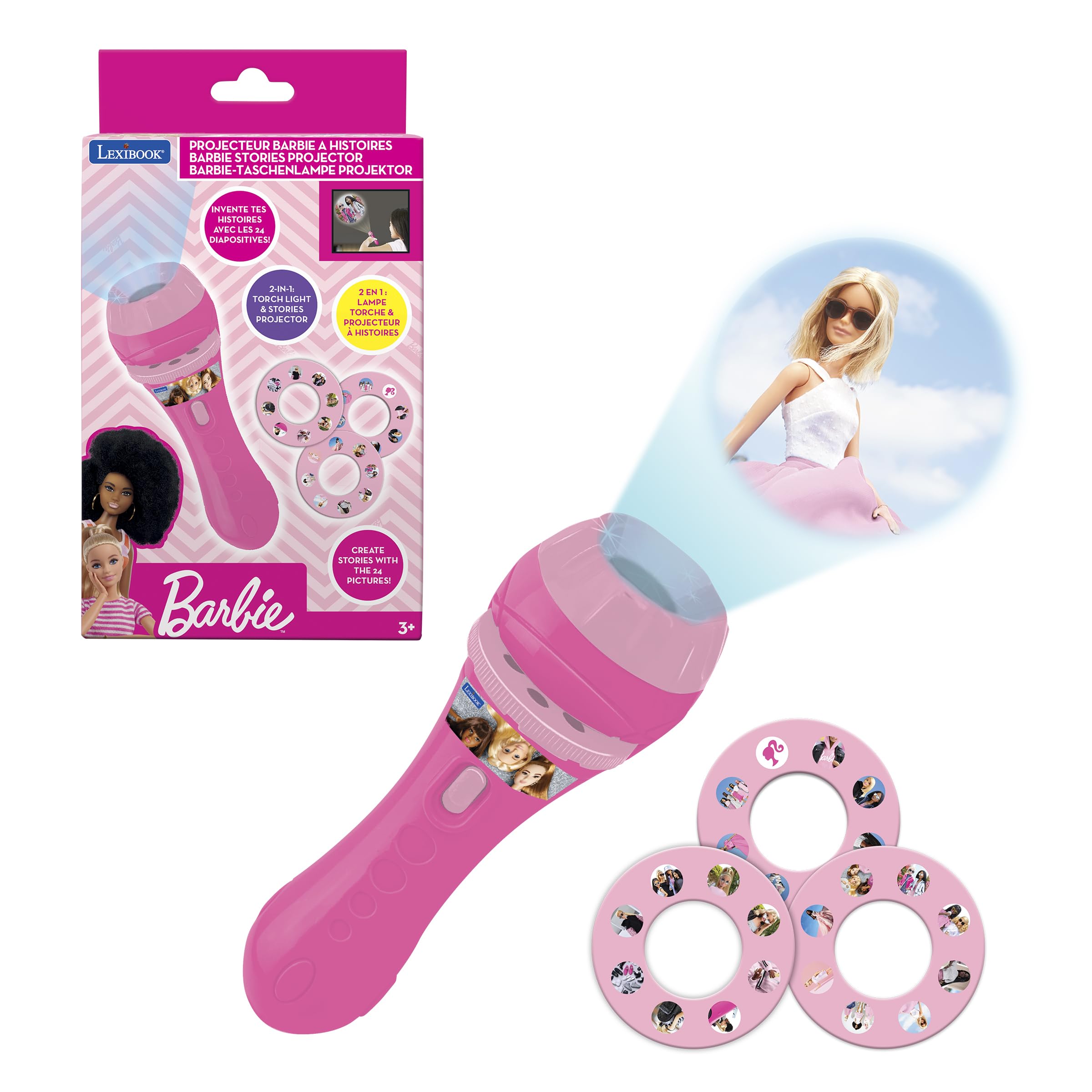 Lexibook LTC050BB Barbie, Torch Light and Projector with 3 Discs, 24 Images, Create Your own Stories, Pink