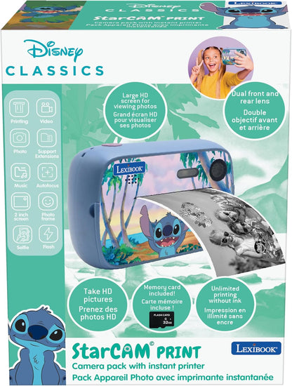 Lexibook, Disney Stitch, StarCAM Baskı, Anında yazıcılı kamera paketi, Fotoğraf ve video fonksiyonu, 32 GB SD kart ve fotoğraf kişiselleştirme kiti dahildir, mavi, DJ150D