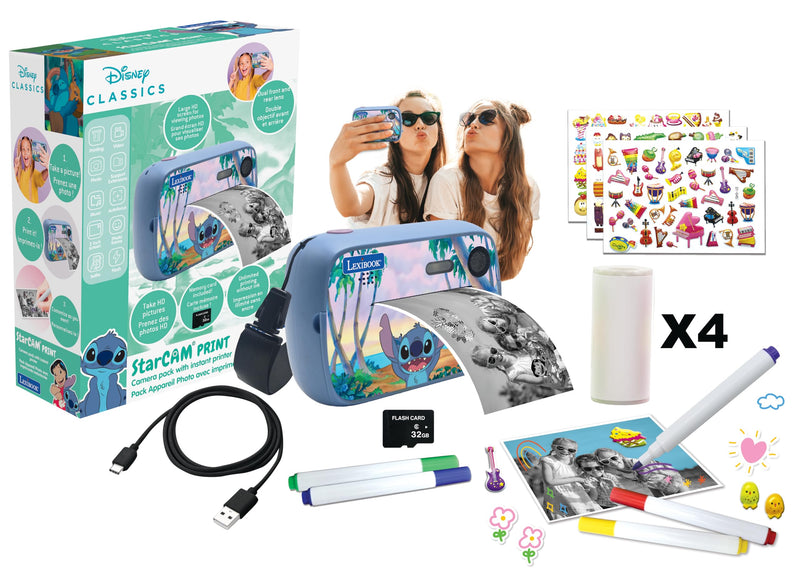 Lexibook, Disney Stitch, StarCAM Baskı, Anında yazıcılı kamera paketi, Fotoğraf ve video fonksiyonu, 32 GB SD kart ve fotoğraf kişiselleştirme kiti dahildir, mavi, DJ150D