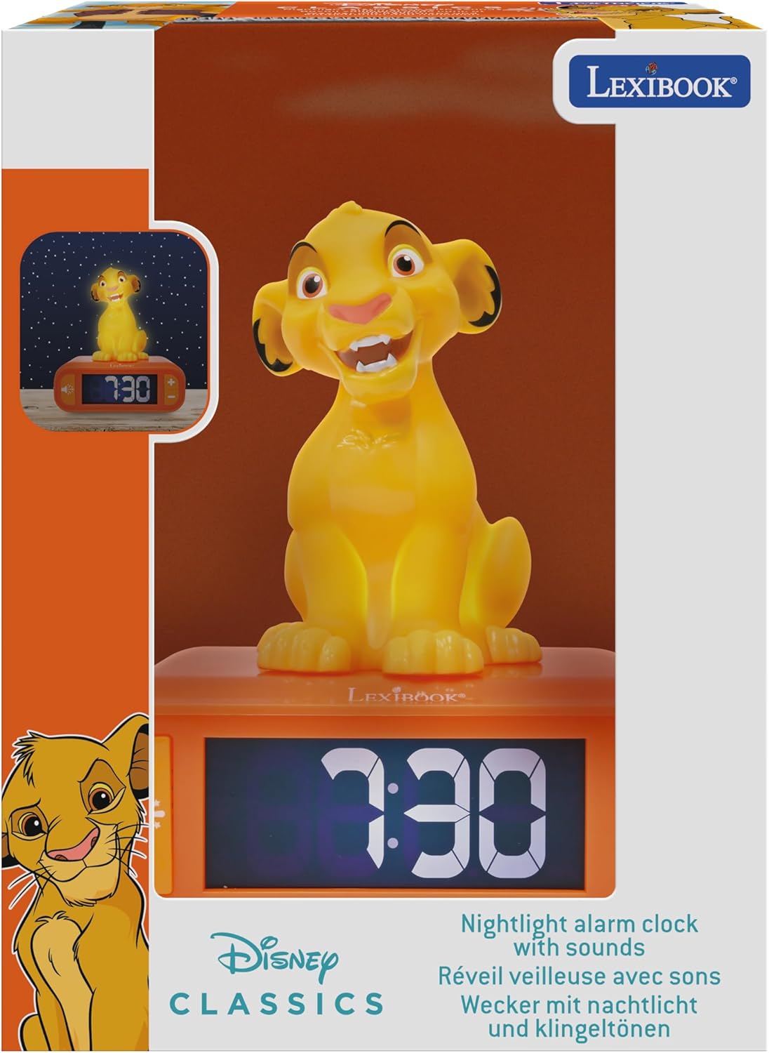 LEXIBOOK, Disney The Lion King, Simba Nightlight alarm clock, Sounds and Melodies, LCD Backlit screen, Luminous, Snooze, Yellow The Lion King - Simba