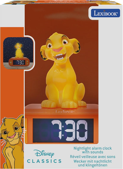 LEXIBOOK, Disney The Lion King, Simba Nightlight alarm clock, Sounds and Melodies, LCD Backlit screen, Luminous, Snooze, Yellow The Lion King - Simba