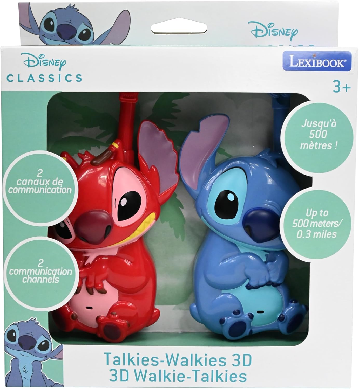 Lexibook, Disney Stitch, Stitch und Leroy 3D-Walkie-Talkies, 500m Reichweite, 2 Kommunikationskanäle, Gürtelclip, Blau/Rot, TW18D