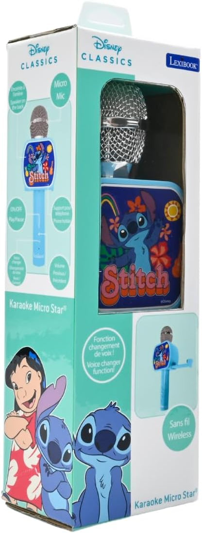 LEXIBOOK, Disney Stitch, Bluetooth® Microphone with voice change function, Built-in speaker, Phone holder included, Blue, MIC240D