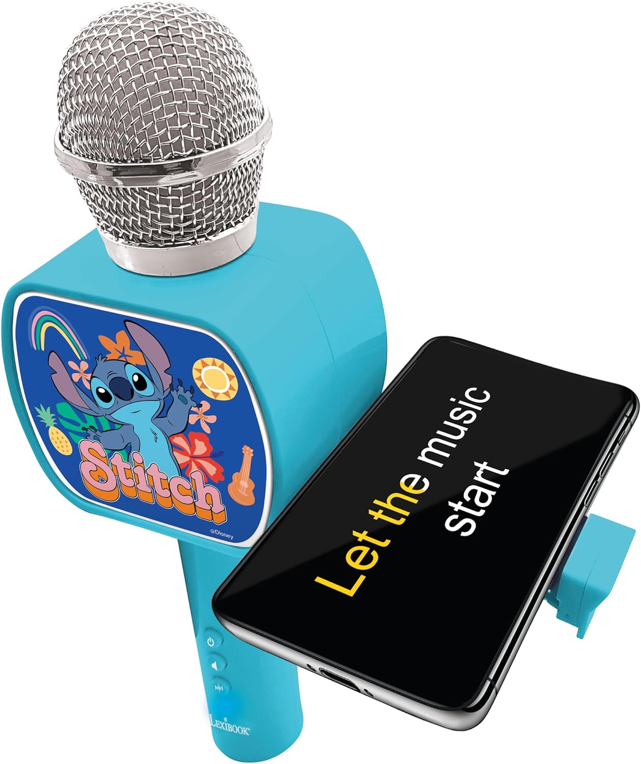 LEXIBOOK, Disney Stitch, Bluetooth® Microphone with voice change function, Built-in speaker, Phone holder included, Blue, MIC240D