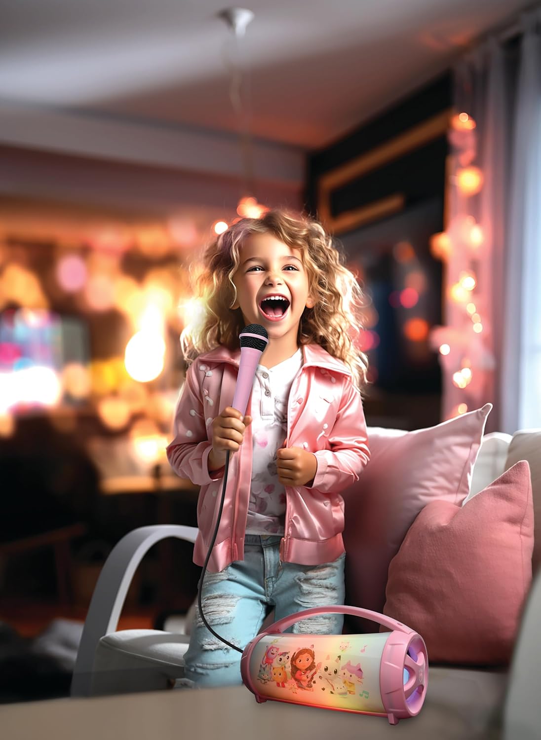 Lexibook, Gabby's Dollhouse, Wireless light speaker with microphone, Stereo sound, Karaoke function, USB and SD card ports, Rechargeable battery, Carrying handle, Pink, BTP585GDHZ