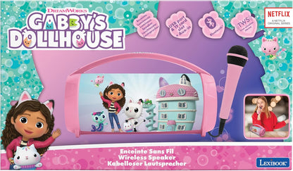 Lexibook, Gabby's Dollhouse, Wireless light speaker with microphone, Stereo sound, Karaoke function, USB and SD card ports, Rechargeable battery, Carrying handle, Pink, BTP585GDHZ
