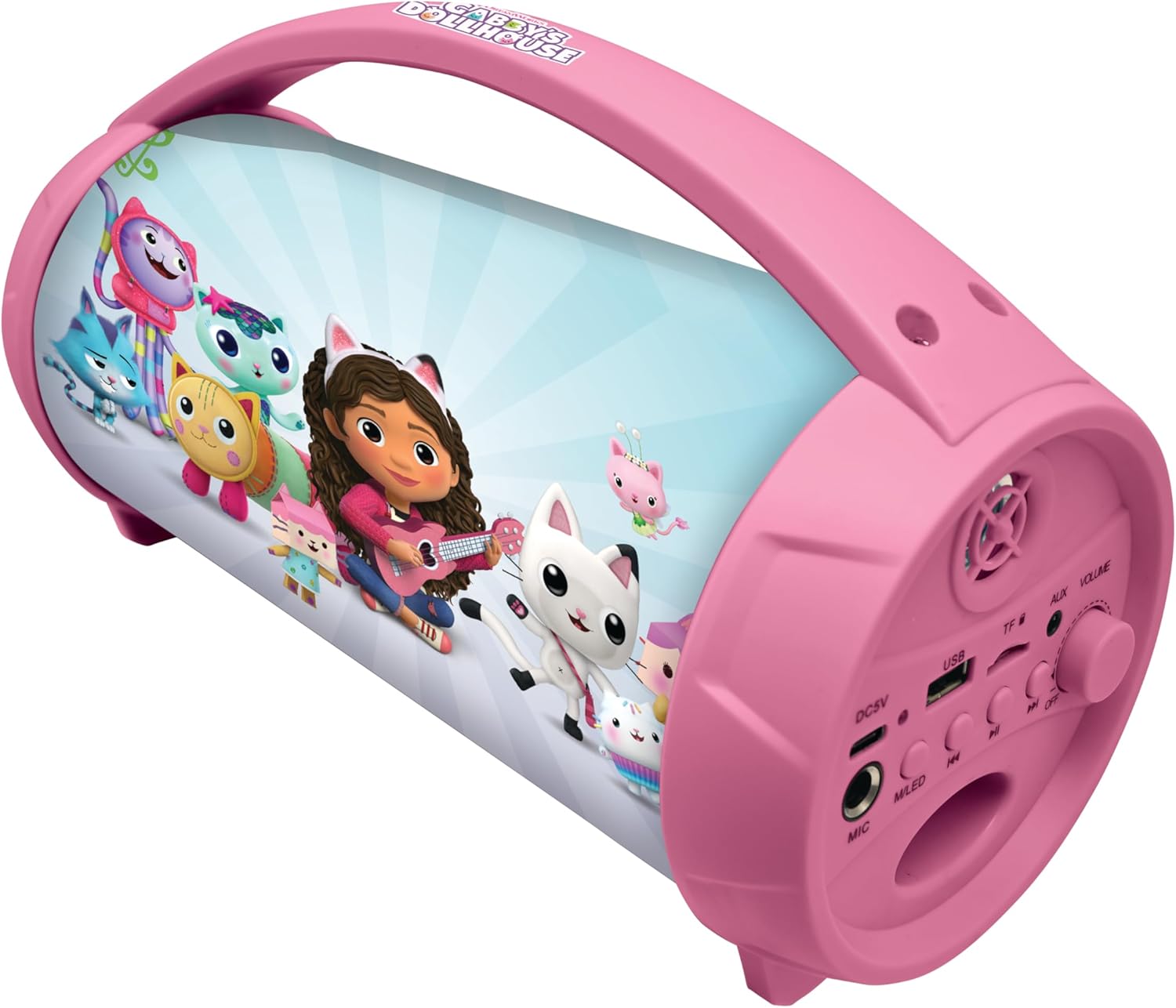 Lexibook, Gabby's Dollhouse, Wireless light speaker with microphone, Stereo sound, Karaoke function, USB and SD card ports, Rechargeable battery, Carrying handle, Pink, BTP585GDHZ