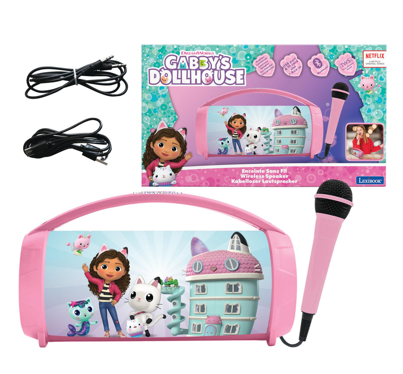 Lexibook, Gabby's Dollhouse, Wireless light speaker with microphone, Stereo sound, Karaoke function, USB and SD card ports, Rechargeable battery, Carrying handle, Pink, BTP585GDHZ