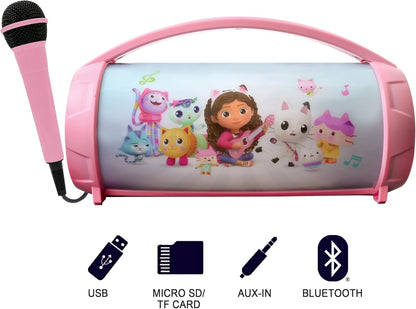 Lexibook, Gabby's Dollhouse, Wireless light speaker with microphone, Stereo sound, Karaoke function, USB and SD card ports, Rechargeable battery, Carrying handle, Pink, BTP585GDHZ