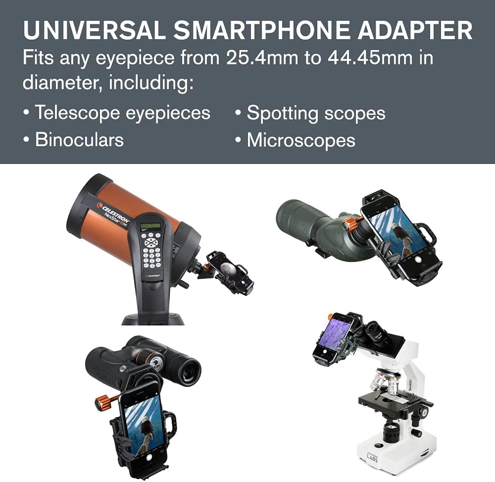 Celestron 81036 NexGO 2-Axis Universal Digiscoping and Astroimaging Smartphone Adapter - Connects Your Smartphone Camera to an Optic Eyepiece to Capture Images and Video, Black