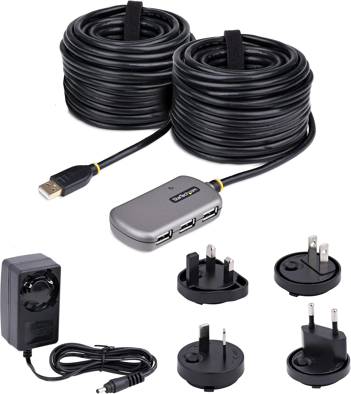 StarTech.com USB Extender Hub, 24m USB 2.0 Extension Cable with 4-Port USB-A Hub, Active/Bus Powered USB Repeater Cable, Optional 10W Power Supply Incl., Level 4 ESD Protection (U02442-USB-EXTENDER