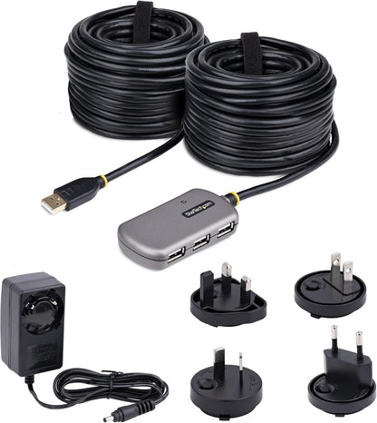 StarTech.com USB Extender Hub, 24m USB 2.0 Extension Cable with 4-Port USB-A Hub, Active/Bus Powered USB Repeater Cable, Optional 10W Power Supply Incl., Level 4 ESD Protection (U02442-USB-EXTENDER