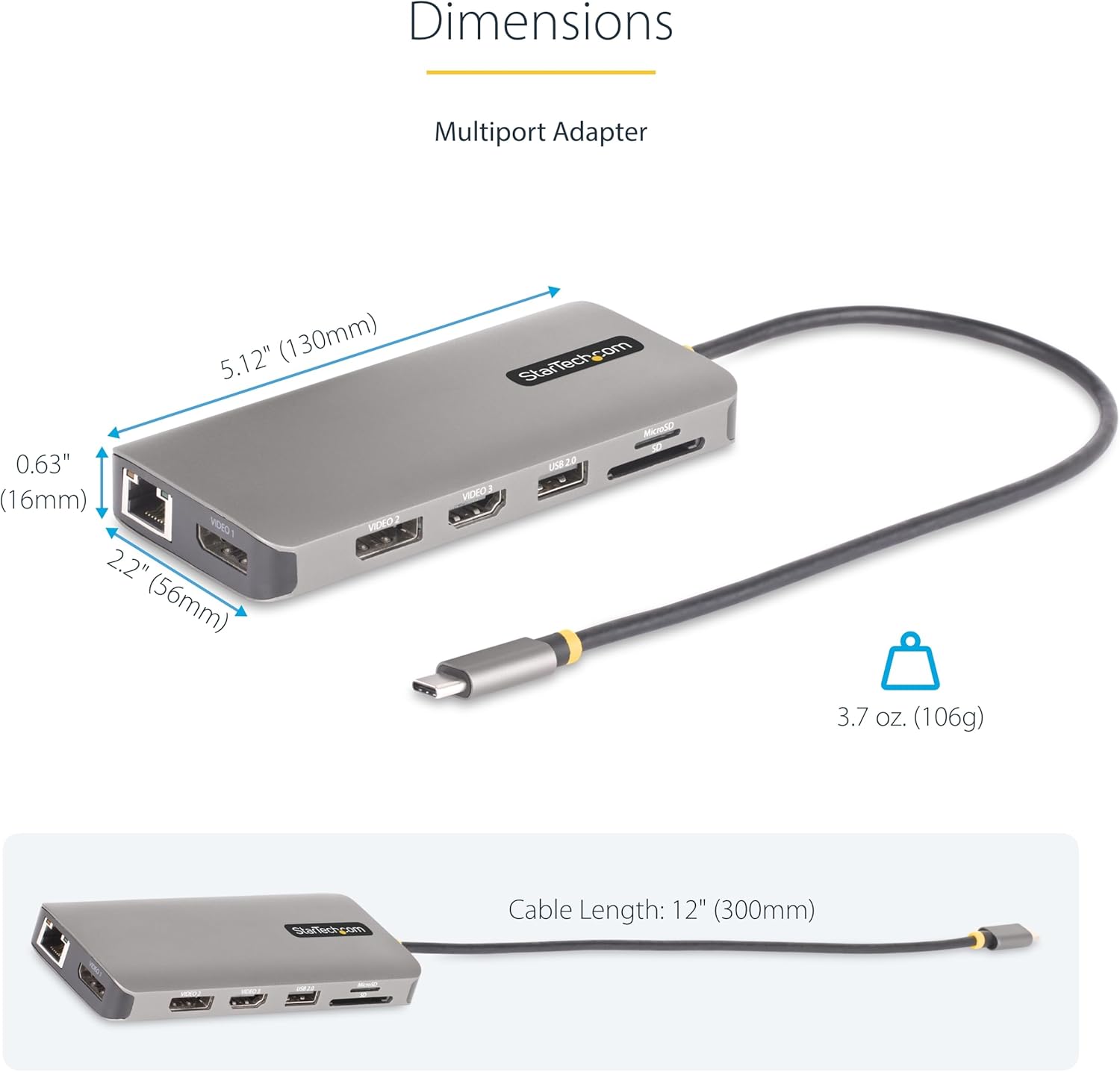 StarTech.com Adattatore USB-C a tre monitor, 2x 4K 60Hz + 4K 30 Hz HDMI e DP, 4x USB-A, 100W PD, GbE, lettore di schede SD, StarTech.com USB-C Triple-Monitor Multiport Adapter, Dual 4K 60Hz + 4K 30Hz HDMI & DP, 4x USB-A, 100W PD Pass-Through, GbE, SD Card