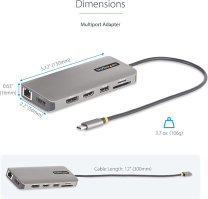 StarTech.com Adattatore USB-C a tre monitor, 2x 4K 60Hz + 4K 30 Hz HDMI e DP, 4x USB-A, 100W PD, GbE, lettore di schede SD, StarTech.com USB-C Triple-Monitor Multiport Adapter, Dual 4K 60Hz + 4K 30Hz HDMI & DP, 4x USB-A, 100W PD Pass-Through, GbE, SD Card