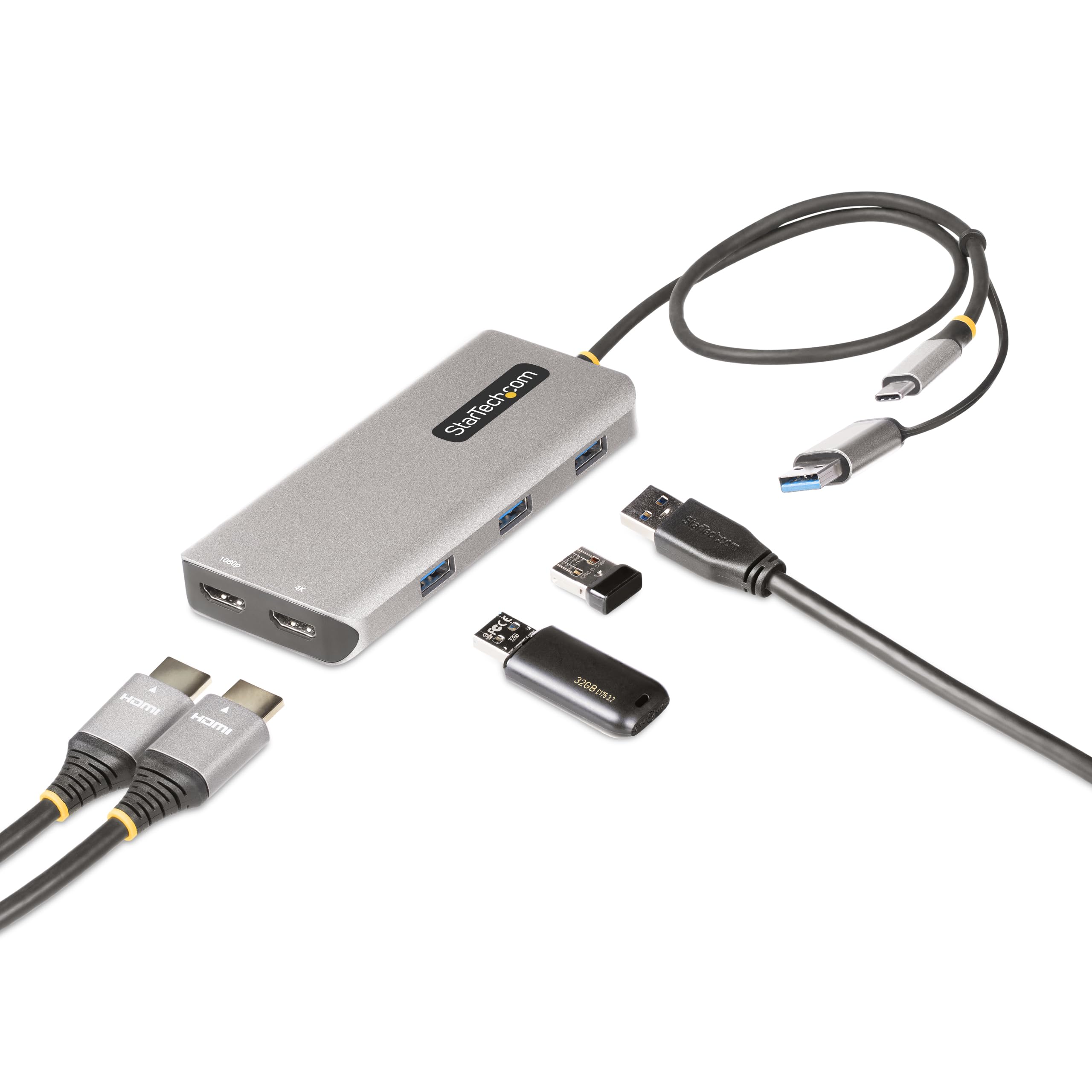 StarTech.com USB-C Multiport Adapter w/Attached USB-C to USB-A Dongle, Dual HDMI (4K30Hz/1080p60Hz), 3x USB-A 5Gbps, Mini Travel Dock, Laptop Docking Station, 1.3ft/40cm Cable (167B-USBC-MULTIPORT)