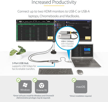 StarTech.com USB-C Multiport Adapter w/Attached USB-C to USB-A Dongle, Dual HDMI (4K30Hz/1080p60Hz), 3x USB-A 5Gbps, Mini Travel Dock, Laptop Docking Station, 1.3ft/40cm Cable (167B-USBC-MULTIPORT)