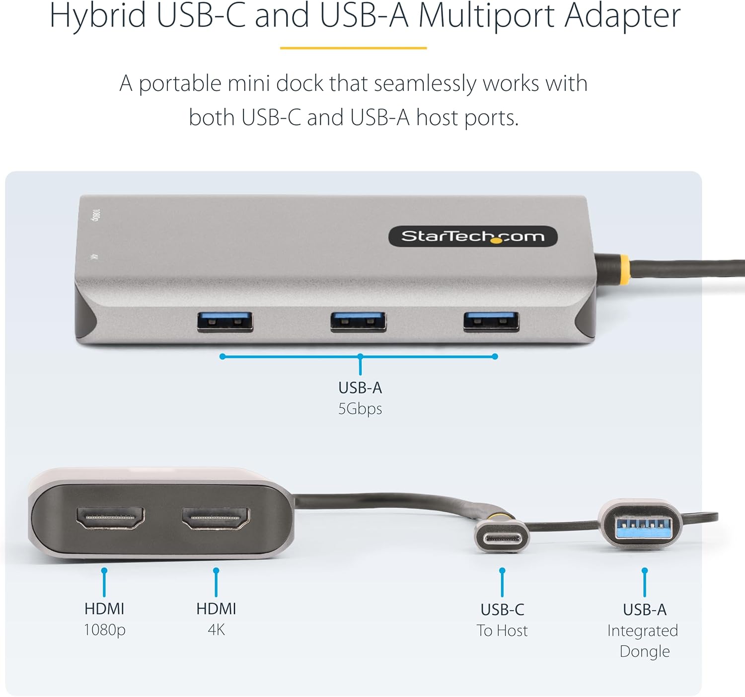 StarTech.com USB-C Multiport Adapter w/Attached USB-C to USB-A Dongle, Dual HDMI (4K30Hz/1080p60Hz), 3x USB-A 5Gbps, Mini Travel Dock, Laptop Docking Station, 1.3ft/40cm Cable (167B-USBC-MULTIPORT)