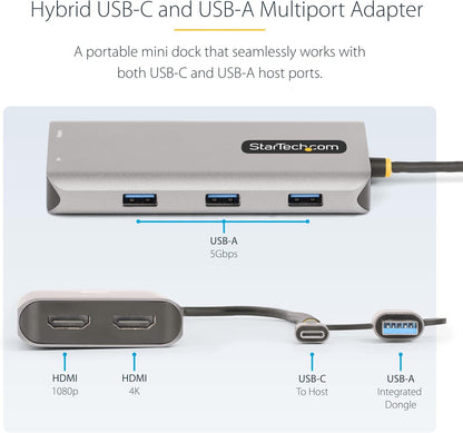StarTech.com USB-C Multiport Adapter w/Attached USB-C to USB-A Dongle, Dual HDMI (4K30Hz/1080p60Hz), 3x USB-A 5Gbps, Mini Travel Dock, Laptop Docking Station, 1.3ft/40cm Cable (167B-USBC-MULTIPORT)
