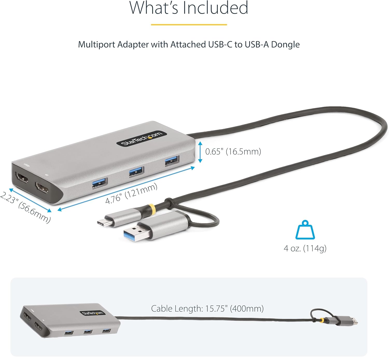 StarTech.com USB-C Multiport Adapter w/Attached USB-C to USB-A Dongle, Dual HDMI (4K30Hz/1080p60Hz), 3x USB-A 5Gbps, Mini Travel Dock, Laptop Docking Station, 1.3ft/40cm Cable (167B-USBC-MULTIPORT)