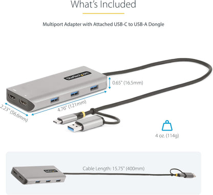 StarTech.com USB-C Multiport Adapter w/Attached USB-C to USB-A Dongle, Dual HDMI (4K30Hz/1080p60Hz), 3x USB-A 5Gbps, Mini Travel Dock, Laptop Docking Station, 1.3ft/40cm Cable (167B-USBC-MULTIPORT)
