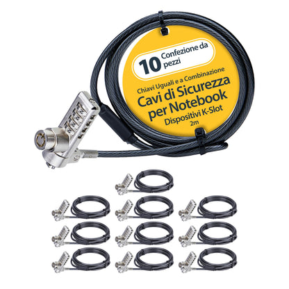 StarTech.com 10-Pack Dual-Access Laptop Lock, 6.5ft (2m) Keyed Alike and Combination Security Cable Lock for K-Slot Devices