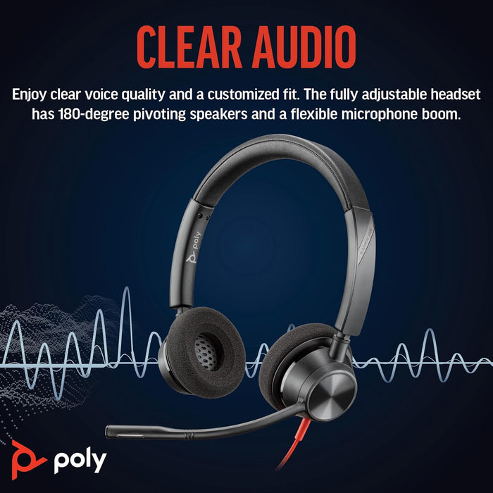 Poly Blackwire 3320 Wired Headset – Flexible Microphone Boom – Hi-fi Stereo - Connect to PC/Mac via USB-C or USB-A - Works with Teams/Zoom