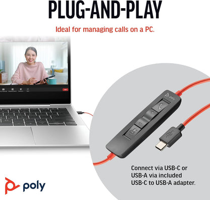Poly Blackwire 3320 Wired Headset – Flexible Microphone Boom – Hi-fi Stereo - Connect to PC/Mac via USB-C or USB-A - Works with Teams/Zoom
