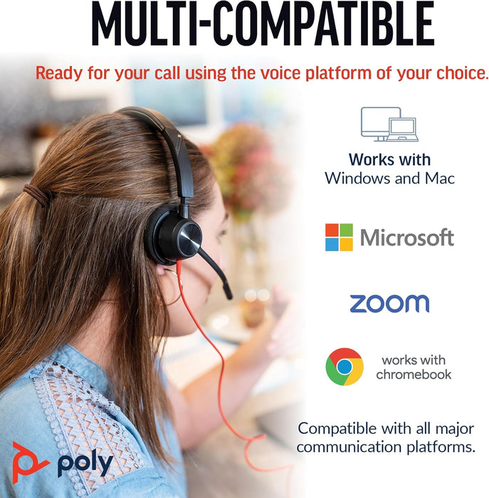 Poly Blackwire 3320 Wired Headset – Flexible Microphone Boom – Hi-fi Stereo - Connect to PC/Mac via USB-C or USB-A - Works with Teams/Zoom