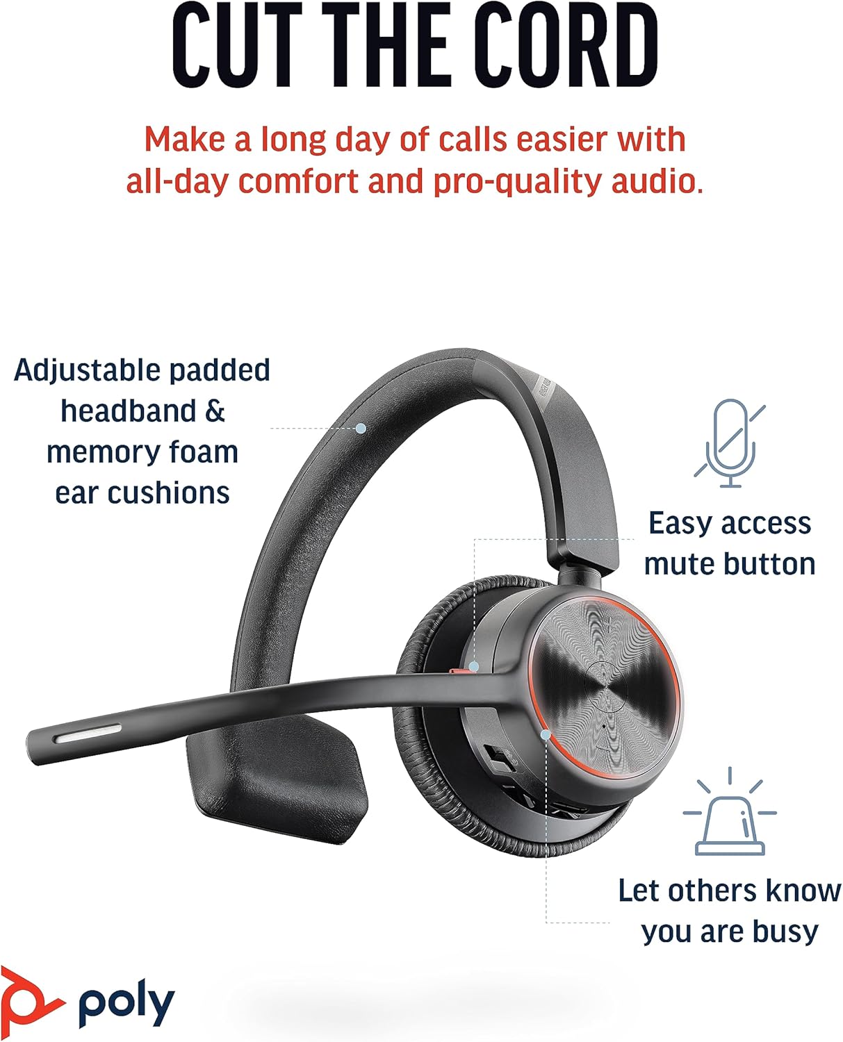 Poly Voyager 4310 UC Wireless Headset (Plantronics) - Single-Ear Bluetooth Headset w/Noise-Canceling Mic - Connect PC/Mac/Mobile via Bluetooth - Works w/Teams, Zoom, & More 2024 Version (USB-C & USB-A)