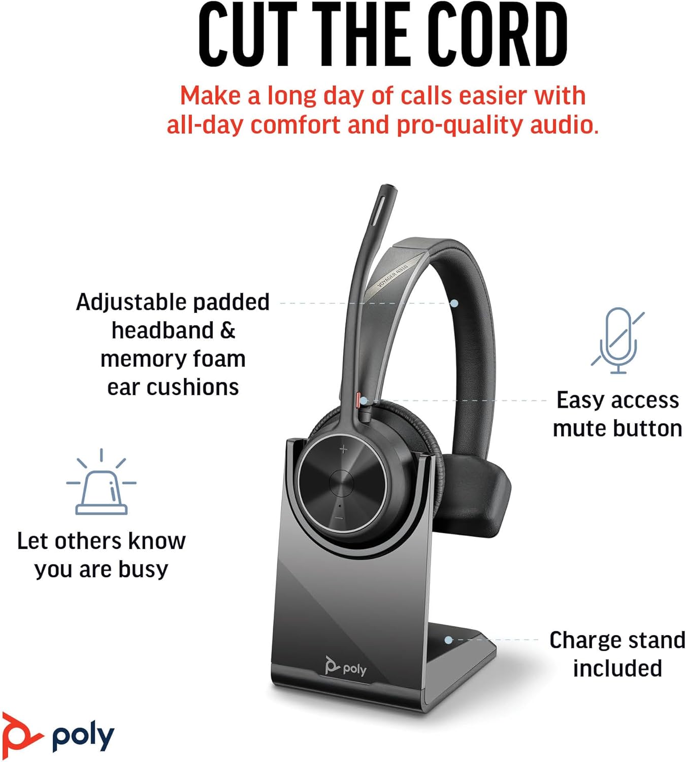 Poly Voyager 4310 UC Wireless Headset & Charge Stand - Single-Ear Bluetooth Headset w/Noise-Canceling Boom Mic - Connect to PC/Mac/Mobile - Works w/Teams, Zoom, & More