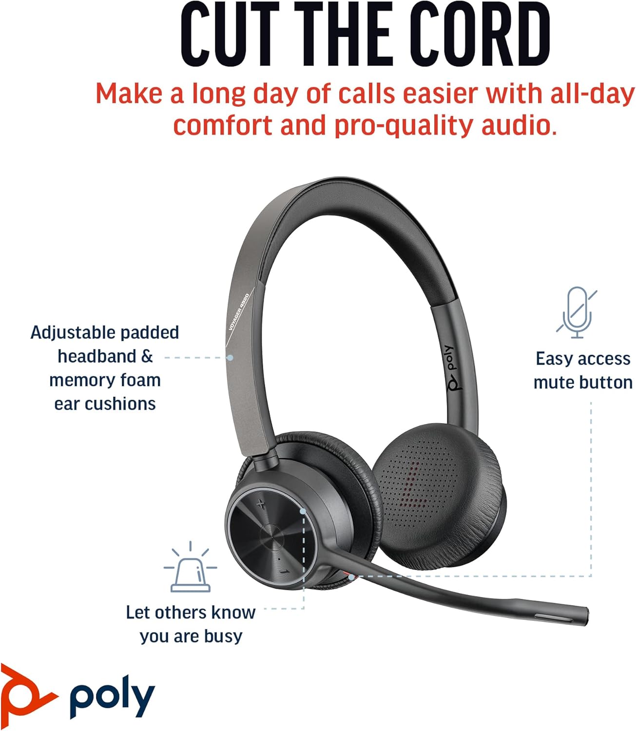 Poly Voyager 4320 UC Wireless Headset - Stereo Headphones w/Noise-Canceling Boom Mic - Connect PC/Mac/Mobile via Bluetooth - Works w/Teams, Zoom, & More