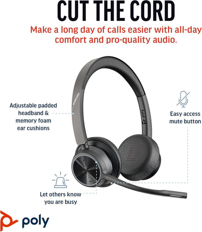 Poly Voyager 4320 UC Wireless Headset - Stereo Headphones w/Noise-Canceling Boom Mic - Connect PC/Mac/Mobile via Bluetooth - Works w/Teams, Zoom, & More