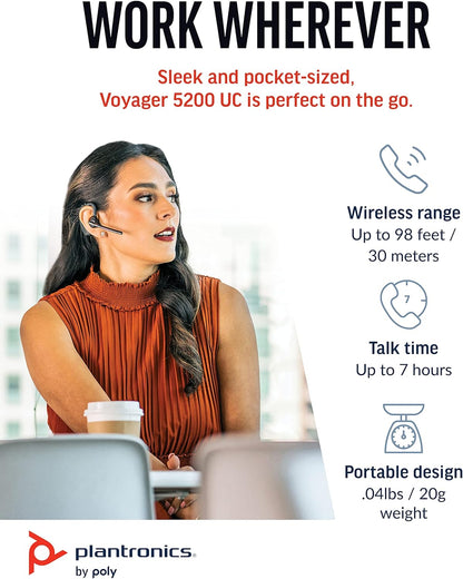 Poly Voyager 5200 UC Wireless Headset & Charging Case - Single-Ear Bluetooth Headset w/Noise-Canceling Mic - Connect to Mobile/PC via Bluetooth -Works w/Microsoft Teams, Zoom & More, Plantronics Headset + Charger Case + Dongle