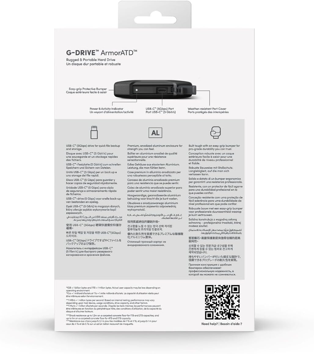 SanDisk Professional 4TB G-Drive ArmorATD, portable rugged external hard drive, HDD up to 130 MB/s, Dust, Drop, Shock & Water resistant, USB-C (5Gbps), USB 3.0, Thunderbolt 3