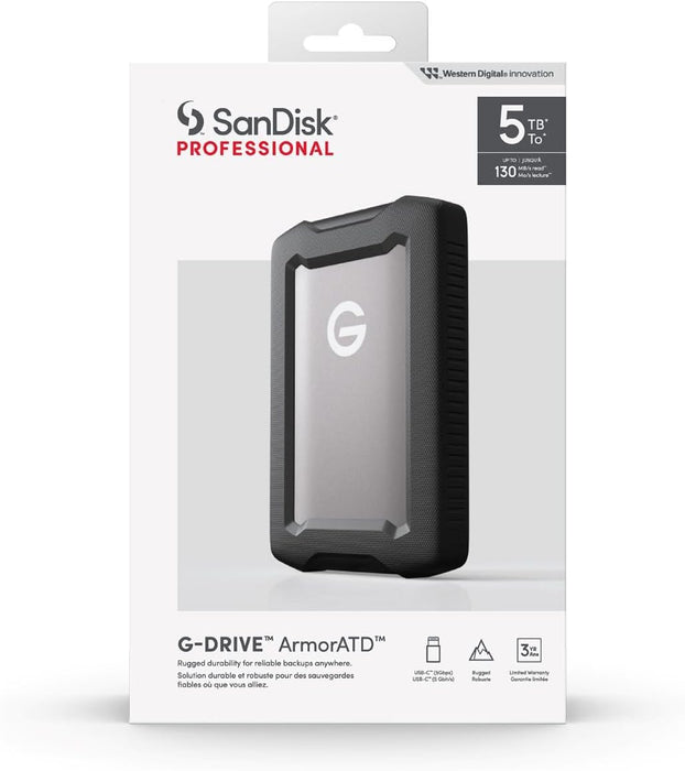 SanDisk Professional 5TB G-Drive ArmorATD, portable rugged external hard drive, HDD up to 130 MB/s, Dust, Drop, Shock & Water resistant, USB-C (5Gbps), USB 3.0, Thunderbolt 3