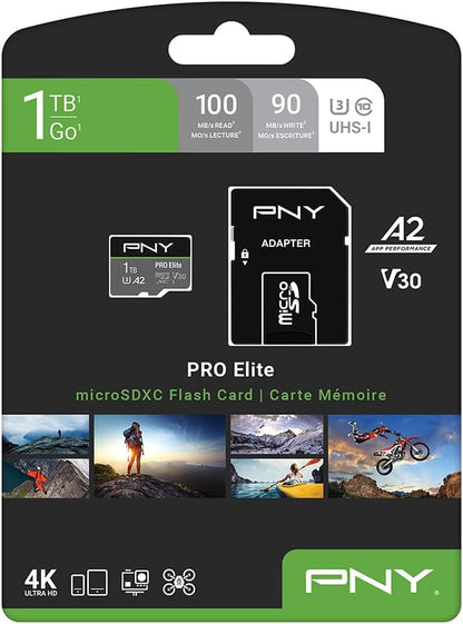 PNY PRO Elite 1TB microSDXC Memory Card + SD Adaptor with A2 App Performance + 100MB/s Read Speed, Class 10 UHS-I, U3, V30 for 4K Video