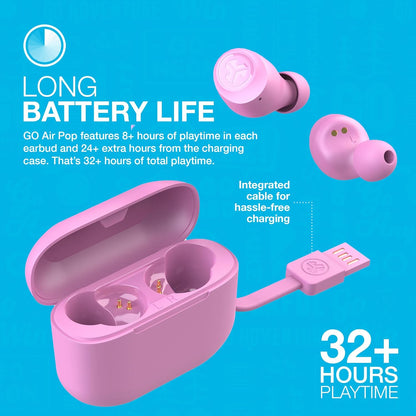 JLab Go Air Pop True Wireless Earbuds, In Ear Headphones, Bluetooth Earphones, Ear Buds with 32H Playtime, Bluetooth Earbuds with Microphone, USB Charging Case, Dual Connect, EQ3 Sound, Pink