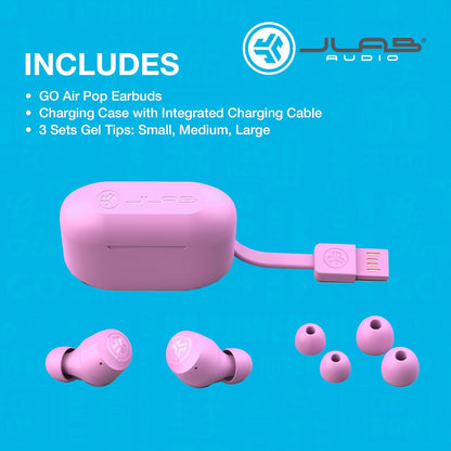 JLab Go Air Pop True Wireless Earbuds, In Ear Headphones, Bluetooth Earphones, Ear Buds with 32H Playtime, Bluetooth Earbuds with Microphone, USB Charging Case, Dual Connect, EQ3 Sound, Pink