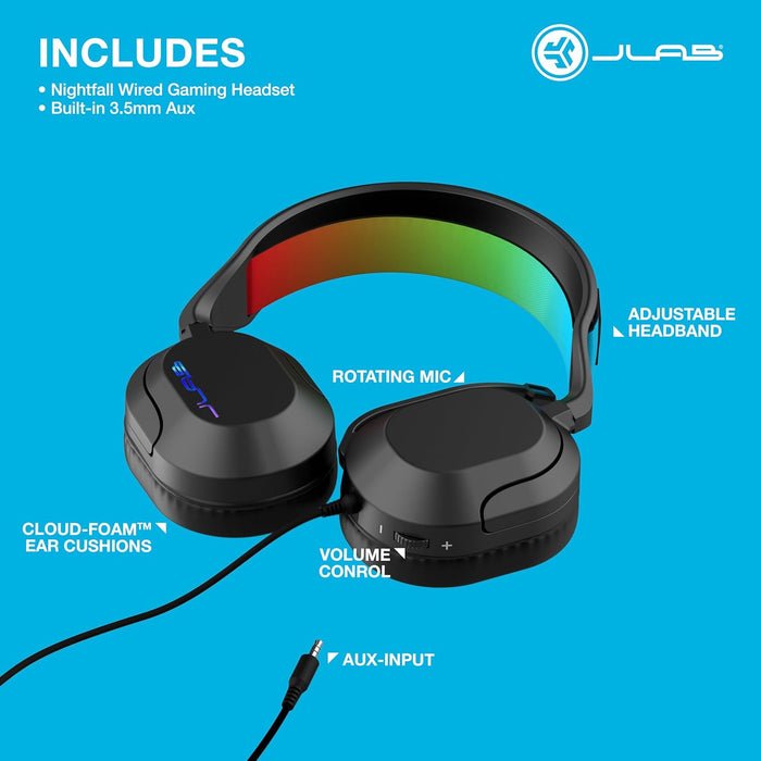 JLab Nightfall Over Ear Wired Gaming Headset - 3.5mm Jack Gaming Headset with Mic for PC/Xbox/ PS5/ PS4/ Nintendo Switch - 50mm Driver, Cloud Foam Cushions & Sound Isolating Inner Shelf