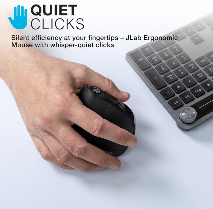JLab JBuds Ergonomic Mouse, Connect via Bluetooth or USB Receiver, Multi Device Vertical Mouse, Silent Ergo Full-Size Rechargeable Wireless Mouse for Laptop Computer, Desktop PC, Tablet, Windows/Mac