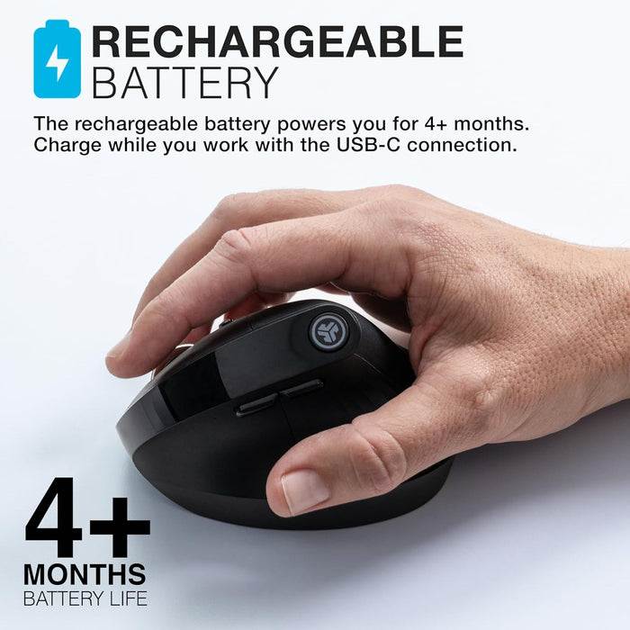 JLab JBuds Ergonomic Mouse, Connect via Bluetooth or USB Receiver, Multi Device Vertical Mouse, Silent Ergo Full-Size Rechargeable Wireless Mouse for Laptop Computer, Desktop PC, Tablet, Windows/Mac