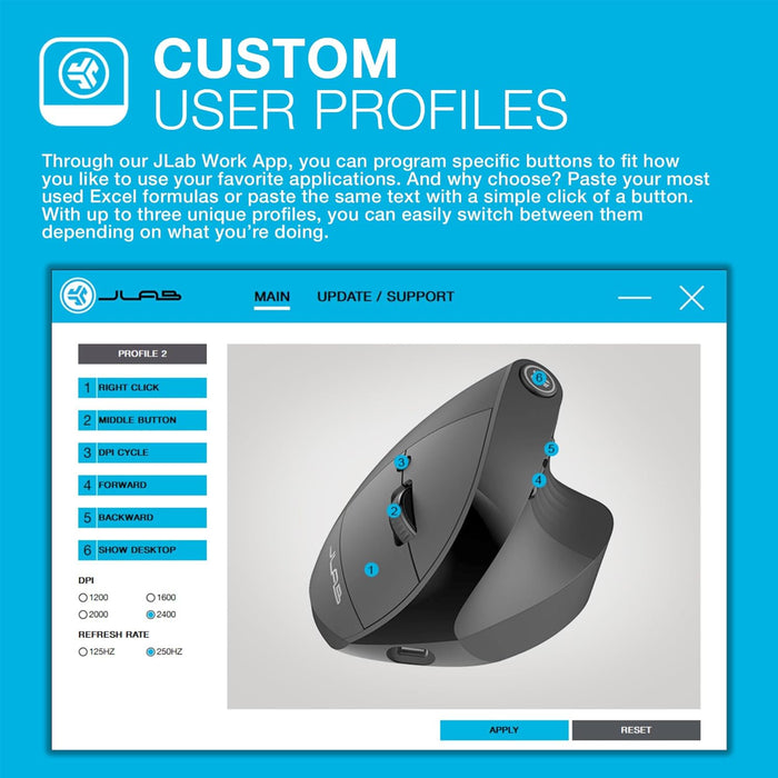 JLab JBuds Ergonomic Mouse, Connect via Bluetooth or USB Receiver, Multi Device Vertical Mouse, Silent Ergo Full-Size Rechargeable Wireless Mouse for Laptop Computer, Desktop PC, Tablet, Windows/Mac