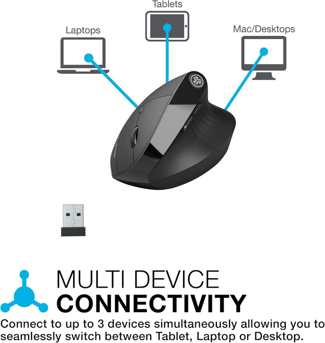 JLab JBuds Ergonomic Mouse, Connect via Bluetooth or USB Receiver, Multi Device Vertical Mouse, Silent Ergo Full-Size Rechargeable Wireless Mouse for Laptop Computer, Desktop PC, Tablet, Windows/Mac